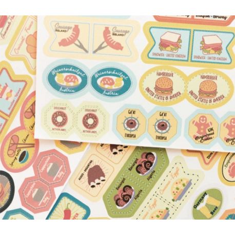 STICKERS NOURRITURE DU MONDE 64 EPINGLES ET 64 STICKERS
