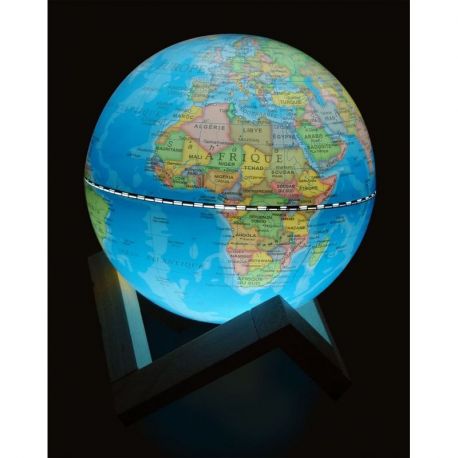 GLOBE 14 CM BLEU LUMINEUX + SUPPORT EN BOIS