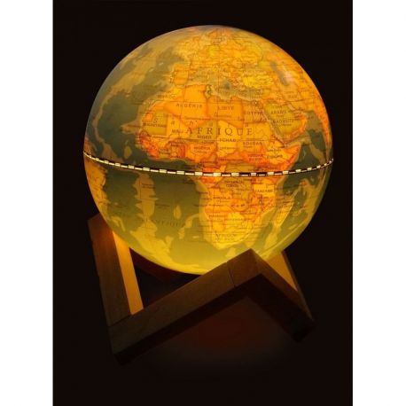 GLOBE 14 CM BLEU LUMINEUX + SUPPORT EN BOIS