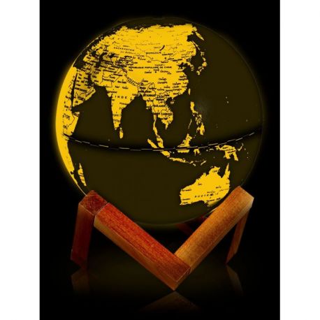 GLOBE 14 CM NOIR ET OR LUMINEUX SUPPORT BOIS