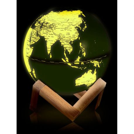 GLOBE 14 CM NOIR ET OR LUMINEUX SUPPORT BOIS