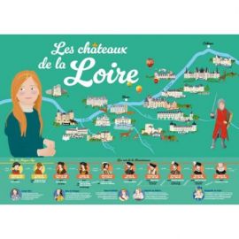 POSTER - LES CHATEAUX DE LA LOIRE AVEC FRISE DES ROIS DE LA RENAISSANCE ET LES FEMMES INFLUENTES DE LA PERIODE (50 CM X 68 CM)