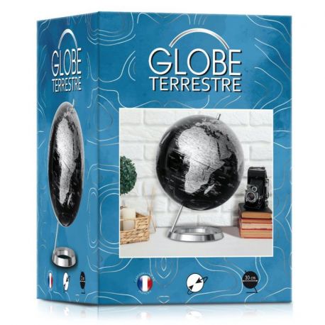 GLOBE 30 CM INCLINE NOIR CARTO ARGENT POLITIQUE