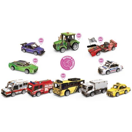 DISPLAY 24 MAQUETTES BOIS VEHICULES 3D (10 MODELES)