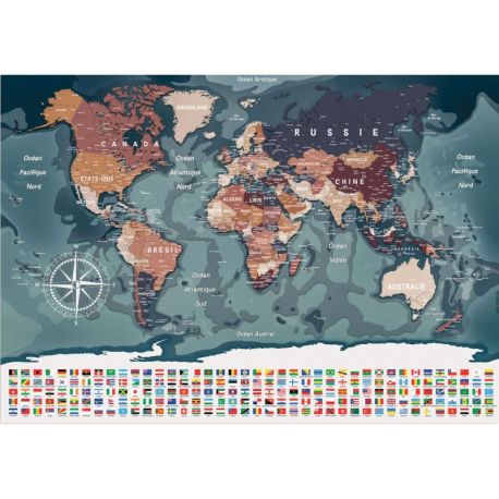 CARTE DU MONDE AVEC DRAPEAUX 100 CM X 70 CM