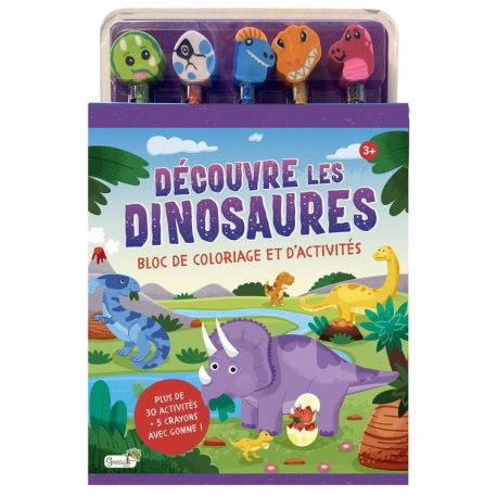 DÉCOUVRE LES DINOSAURES - BLOC COLORIAGE ET ACTIVITES + 5 CRAYONS AVEC GOMME