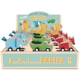 DISPLAY 12 VOITURES EN BOIS ANIMAUX AVEC MOTEUR A FRICTION (4 MODELES /3EX)