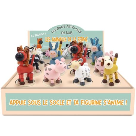 DISPLAY 12 FIGURINES EN BOIS ARTICULEES ANIMAUX DE LA FERME (6 MODELES/2EX)