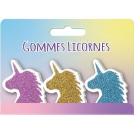 SET 3 GOMMES LICORNES A PAILLETTES