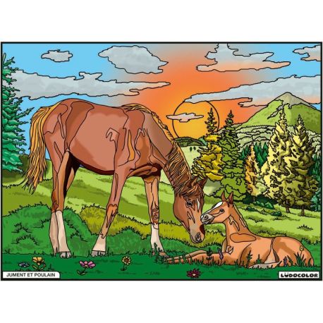 TABLEAU VELOURS - JUMENT ET POULAIN