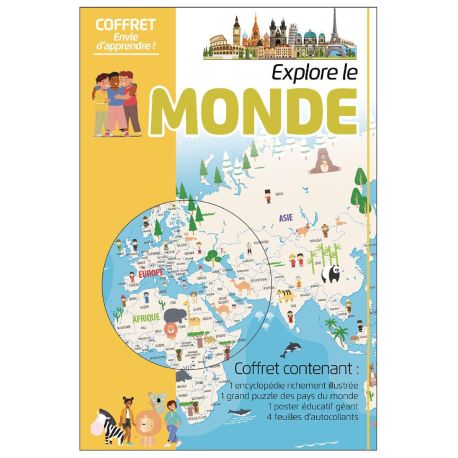 COFFRET ENVIE D'APPRENDRE - EXPLORE LE MONDE - 1 ENCYCLOPEDIE + 1 GRAND PUZZLE + 1 POSTER + 4 FEUILLES D'AUTOCOLLANTS